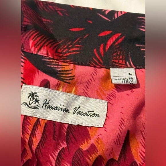 Hawaiian vacation button down Shirt mens L blouse red sunset Hawaii island beach - Picture 12 of 15